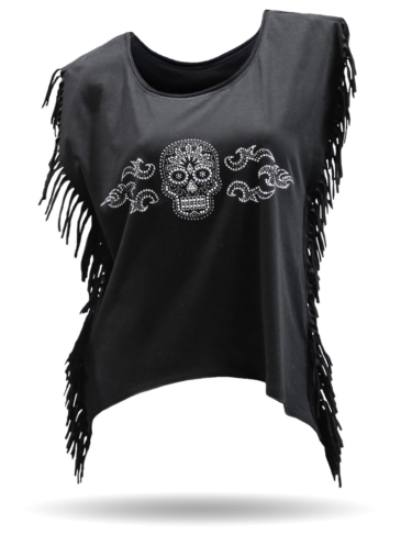 WT1408 Sugar Skull Flames-Black-Fringe Shirt