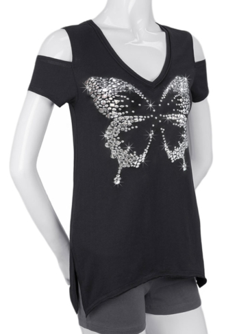 WT0685-1231 Studded Butterfly-Black-Cutout Sleeves Shirt