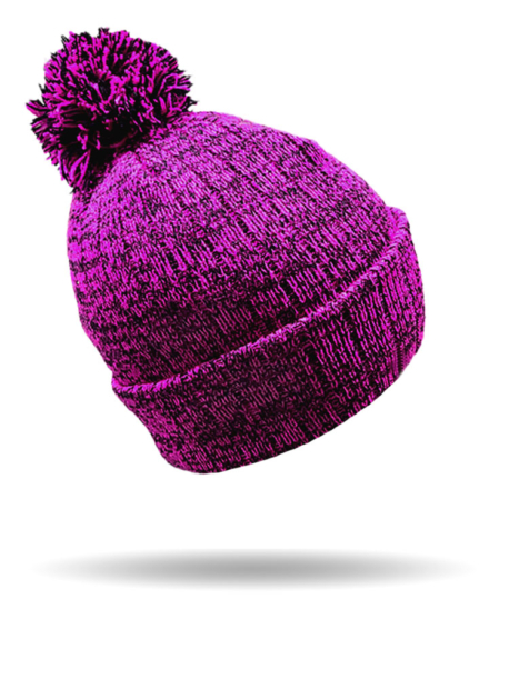 B1815-Pink/Blk Heathered Knit Pom-Pom Cuff Beanie