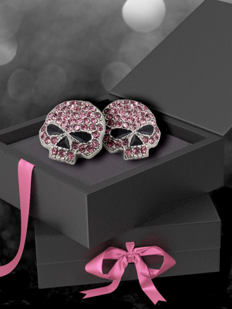 EA2931-Pink Rhinestone Skullette Post Earring